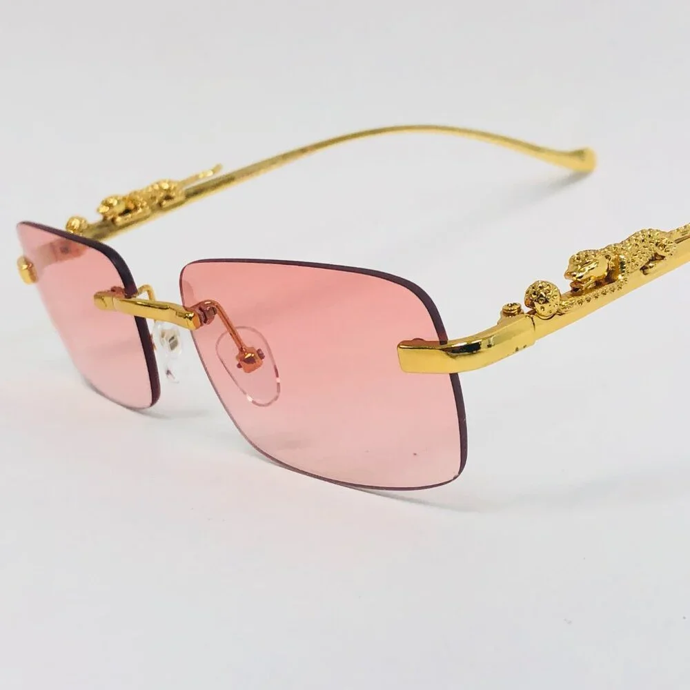 Men Women Sunglasses Pink Lens Rimless Luxury Retro Shades Gold Metal Lentes New
